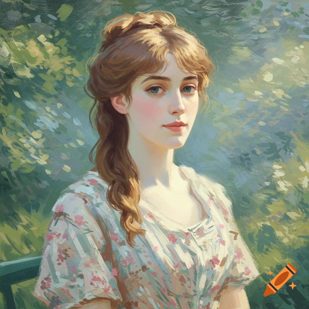 A young woman in a floral dress depicted in an Impressionistic style.