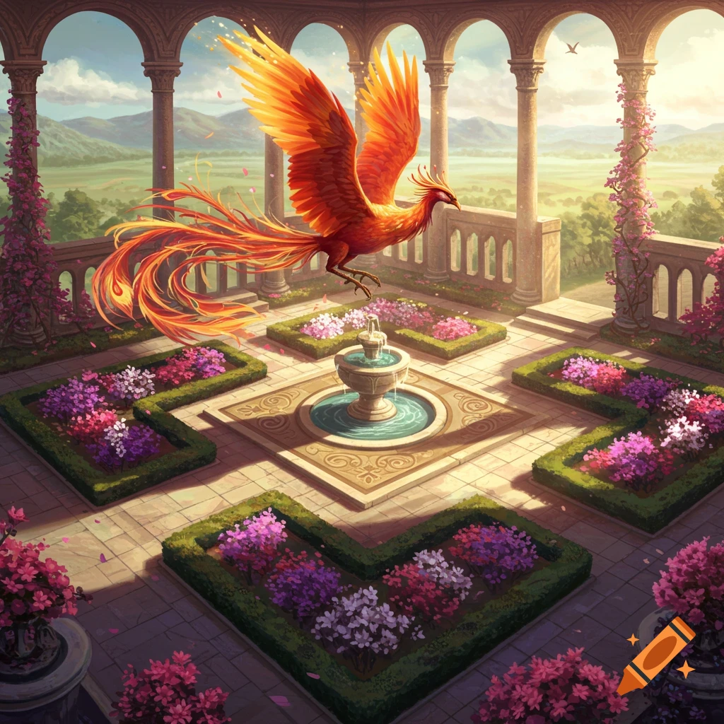 A vibrant orange phoenix flies over a formal garden with a fountain and flower beds.