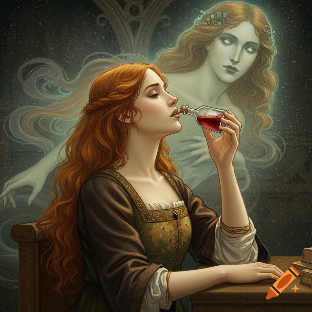 A woman with long red hair is drinking from a bottle, and there is a pale, ghostly figure behind her.