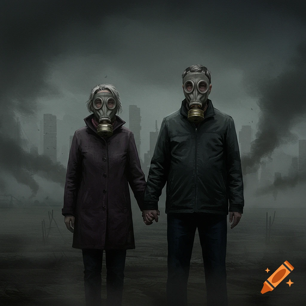 A couple in gas masks holding hands in a smoky, ruined city.
