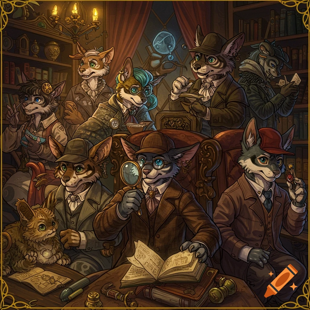 Furry investigators in a library