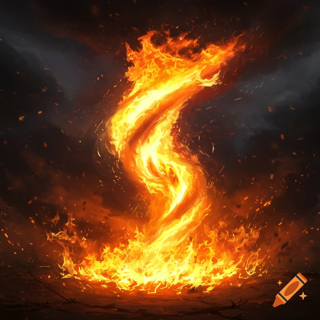 A swirling fire tornado against a dark background.