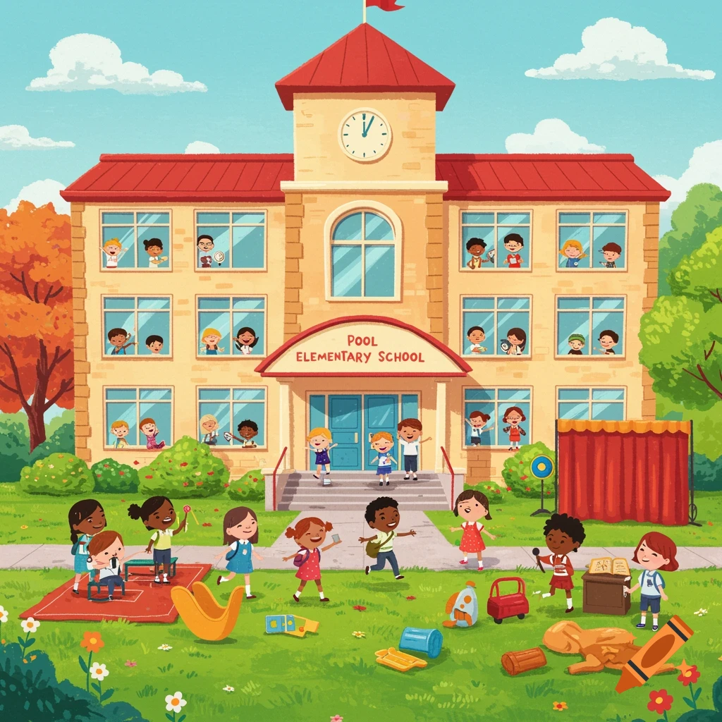 A vibrant cartoon illustration of an elementary school with children playing and visible in the windows.