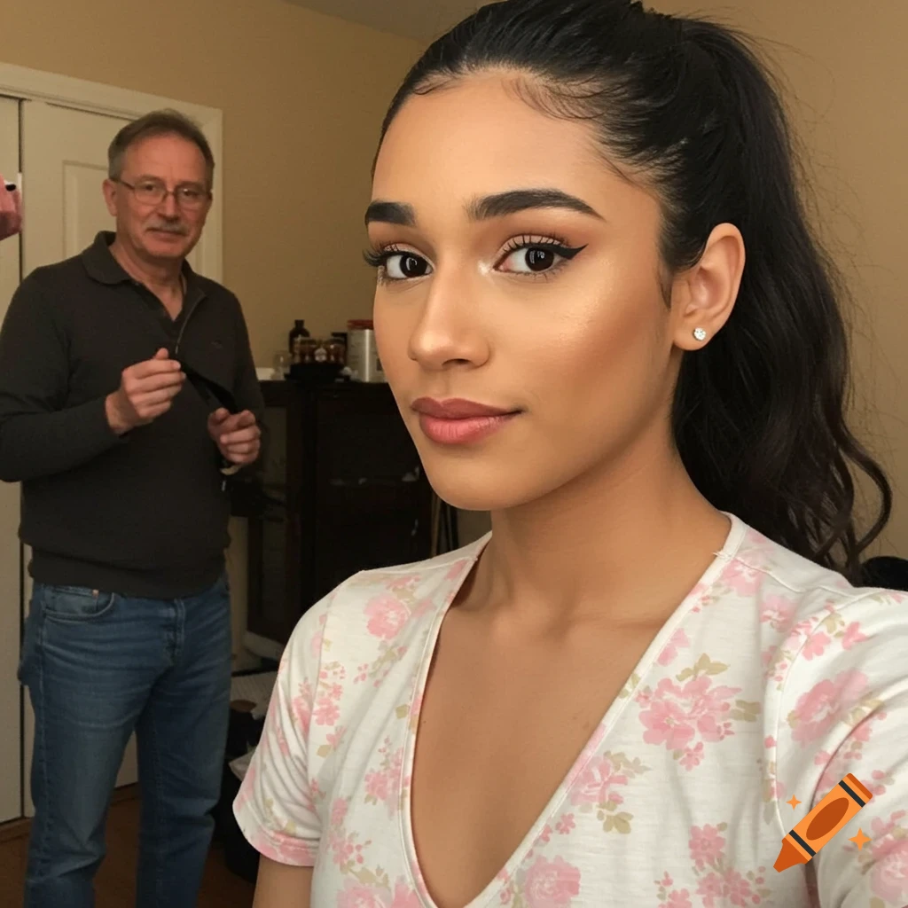Young woman takes selfie, man stands behind her