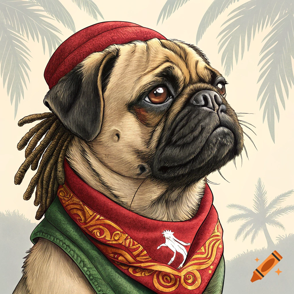 Illustration of a pug dog dressed like Bob Marley with a red tam, dreadlocks, green vest, and red bandana, with palm trees in the background.