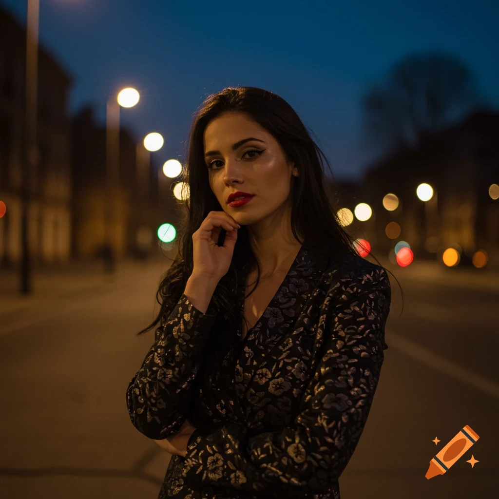 A woman with dark hair and red lipstick stands on a city street at night, wearing a patterned jacket.