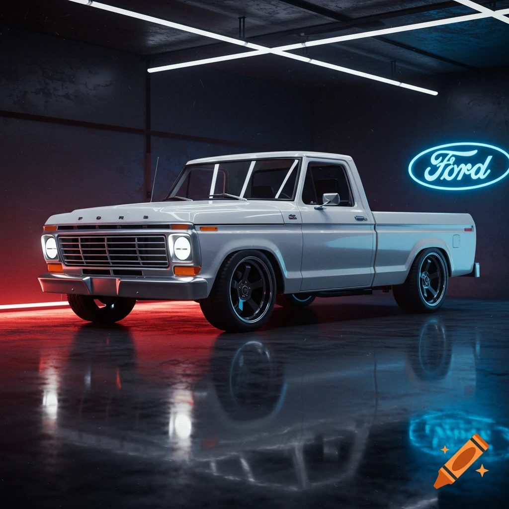White Ford pickup truck in a garage with neon lights and a shiny floor.