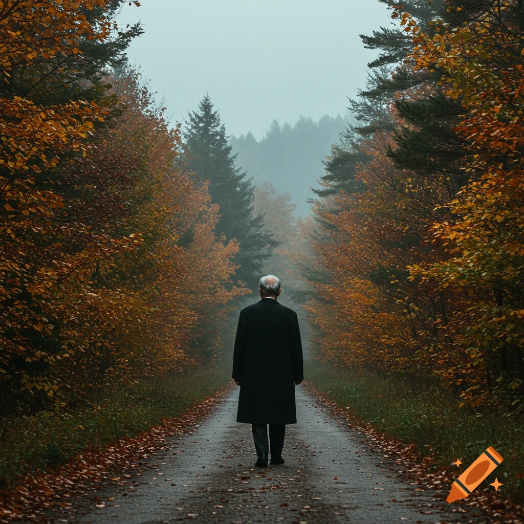 A man stands on a road looking into a misty autumn forest.