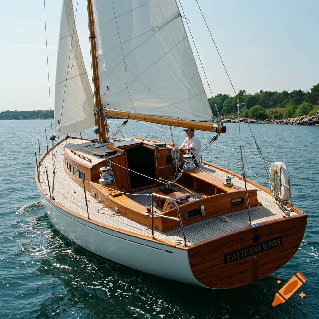 Photorealistic image of a classic wooden sailboat with white sails on the water with a person steering.
