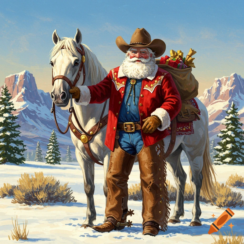 Cowboy Santa standing with a white horse in a snowy mountain landscape, holding a sack of gifts.