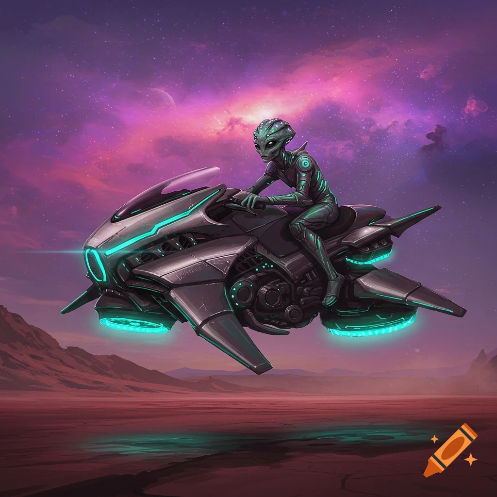 An alien riding a futuristic hoverbike across a red planet landscape under a purple sky.