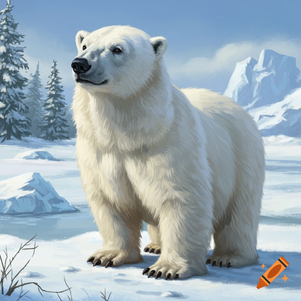 A polar bear standing in a snowy arctic landscape.