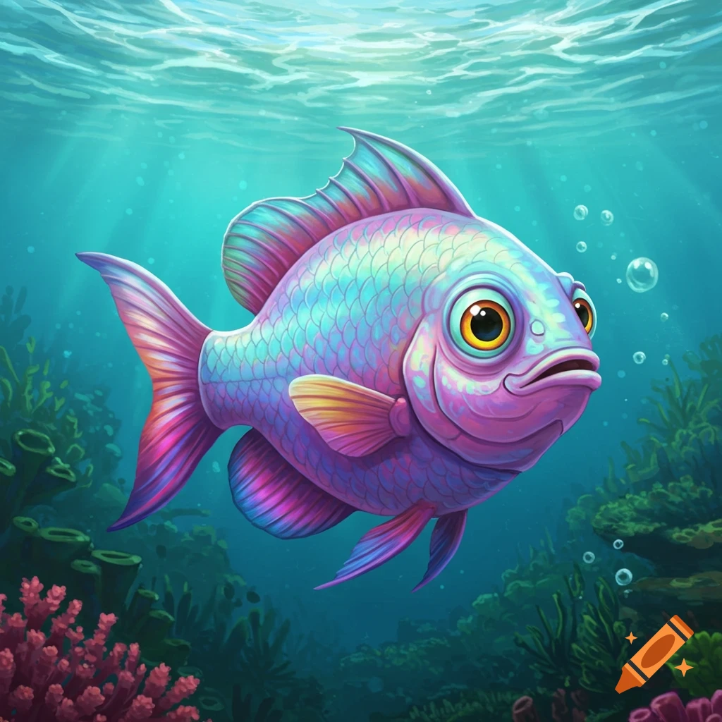 A colorful, shiny cartoon fish with big eyes swims in a vibrant underwater scene with coral and bubbles.
