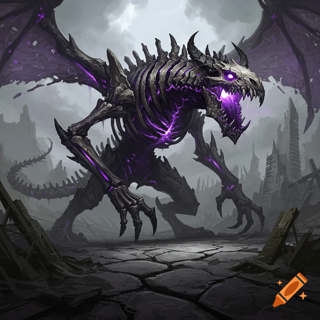 A skeletal dragon with purple glowing eyes and ribs standing in a destroyed city landscape.