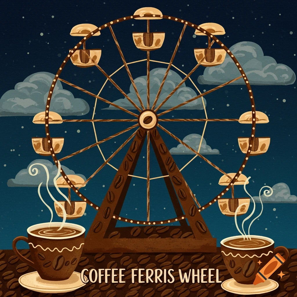 An illustration of a coffee-themed Ferris wheel at night with glowing lights and coffee cups, featuring the text 'COFFEE FERRIS WHEEL'.