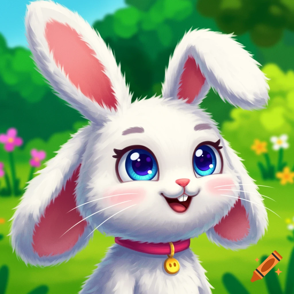 A vibrant image of a cute cartoon bunny with big blue eyes, pink ears, and a collar in a field of flowers.