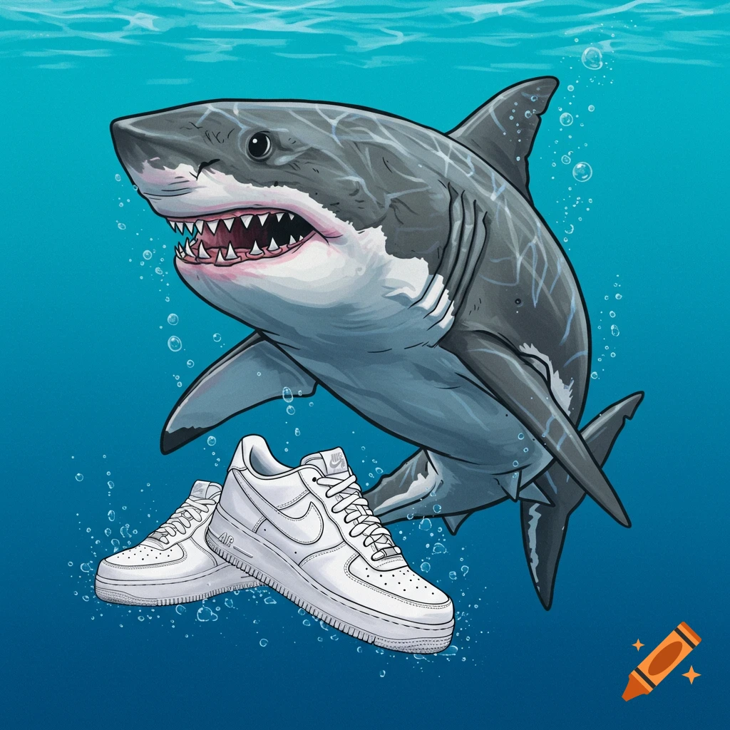 Cartoon shark swimming underwater next to white sneakers.