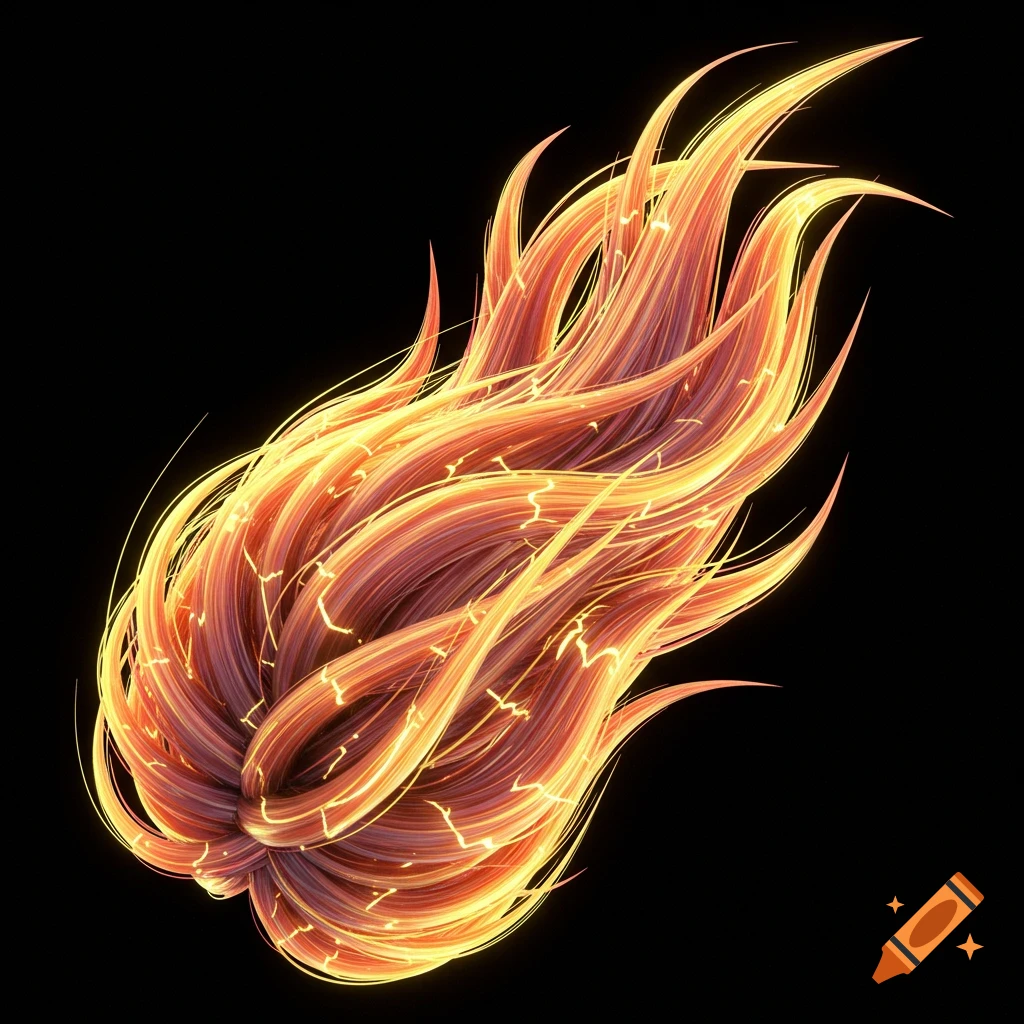 Dynamic glowing orange and yellow strands resembling hair against a black background, 3D render.