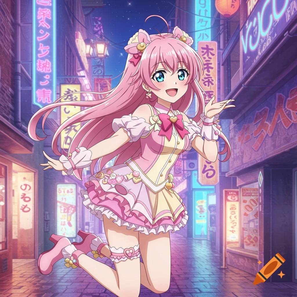 Anime girl with pink hair jumps in a neon-lit street at night.