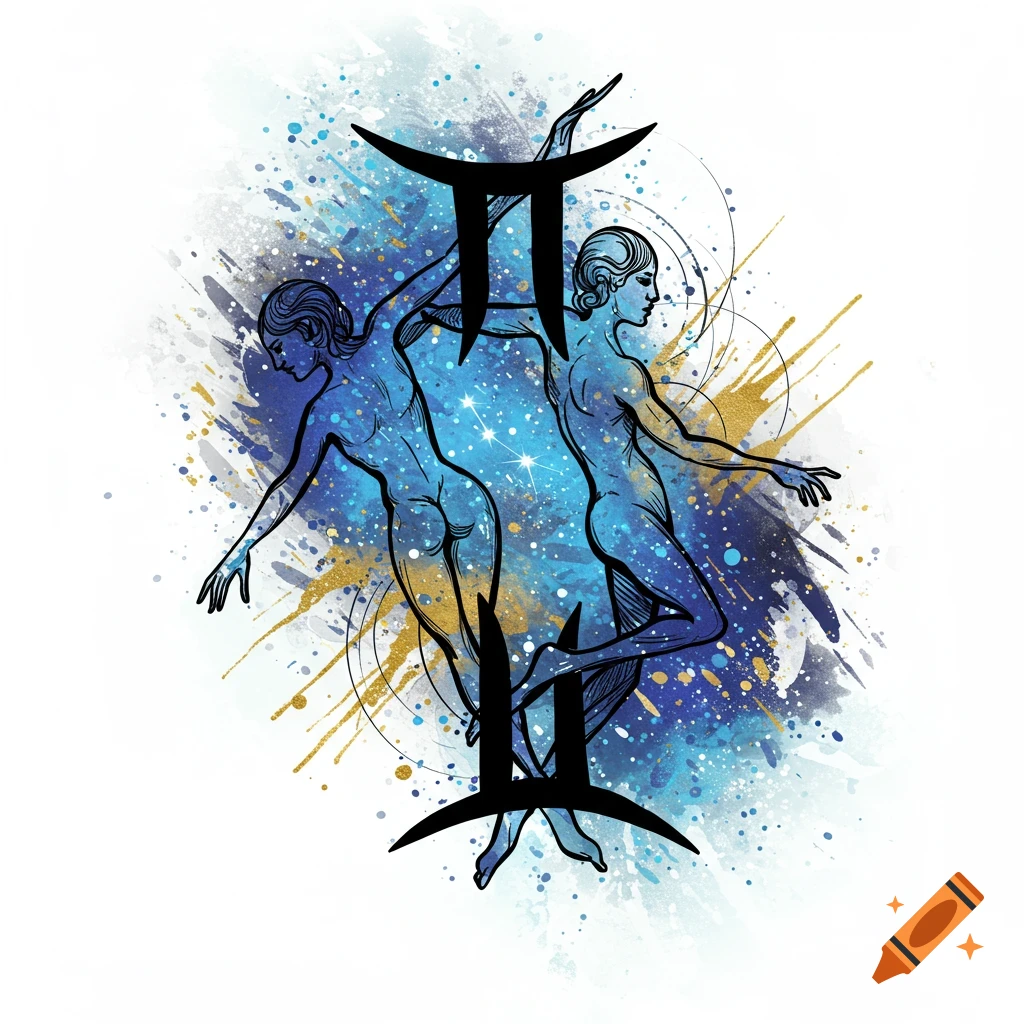 Stylized illustration of the Gemini zodiac sign with two figures and a celestial background.