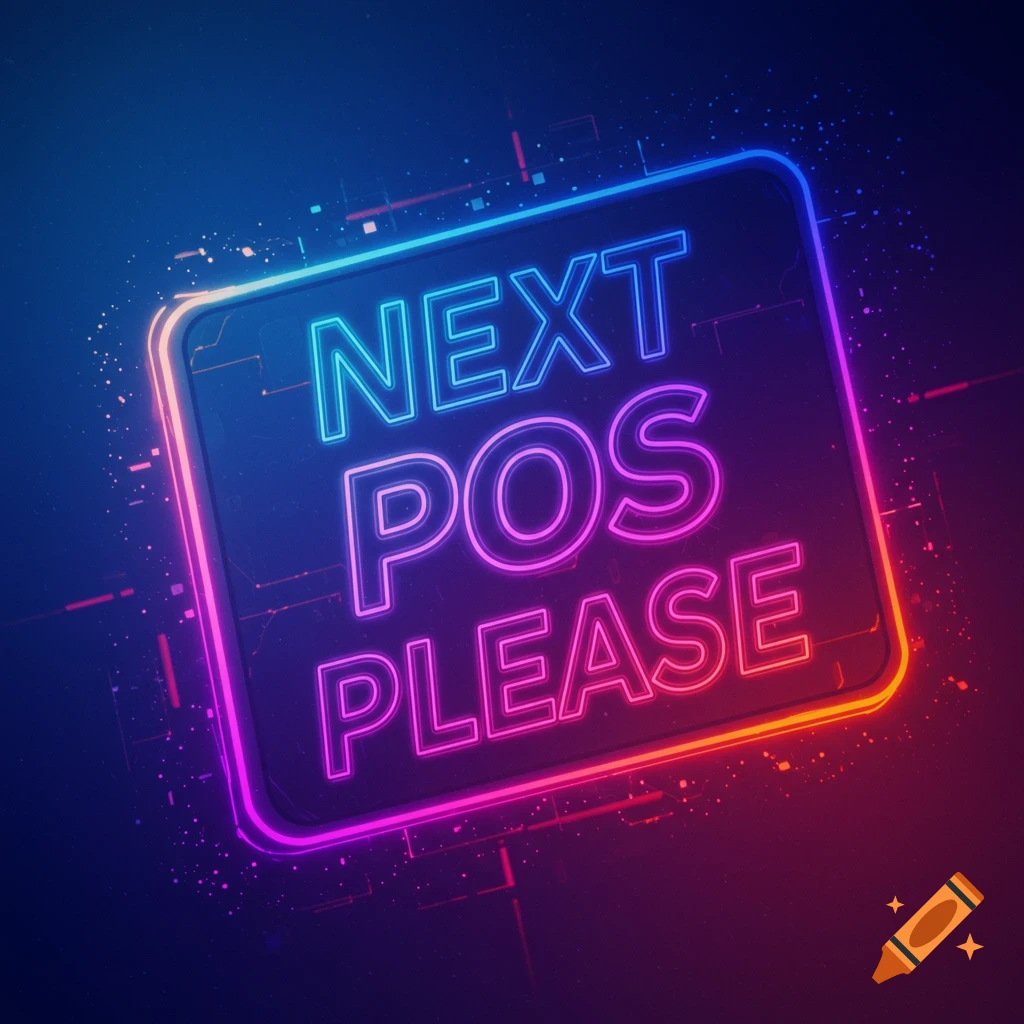 Neon sign displaying 'NEXT POS PLEASE' against a dark background.