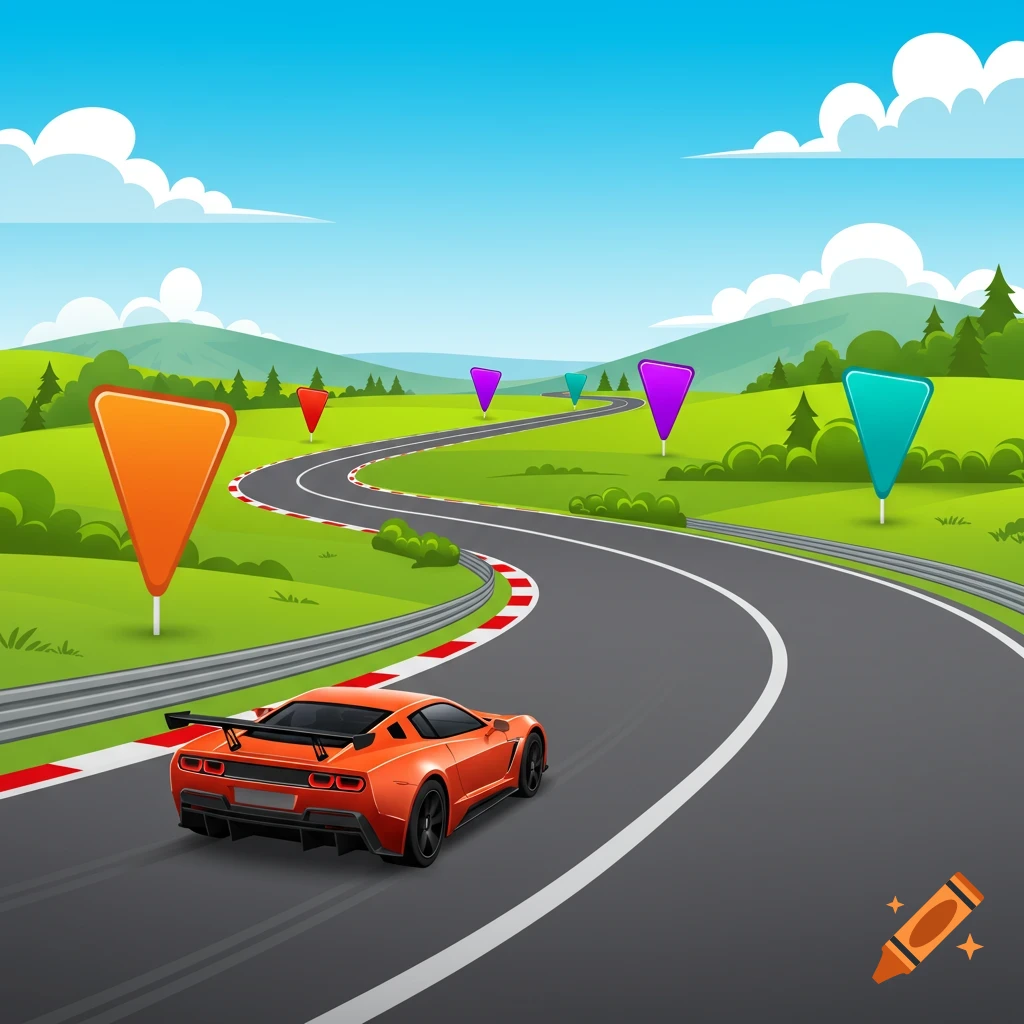 An orange sports car drives on a winding race track with colorful flag markers in a green landscape under a blue sky, illustration style.