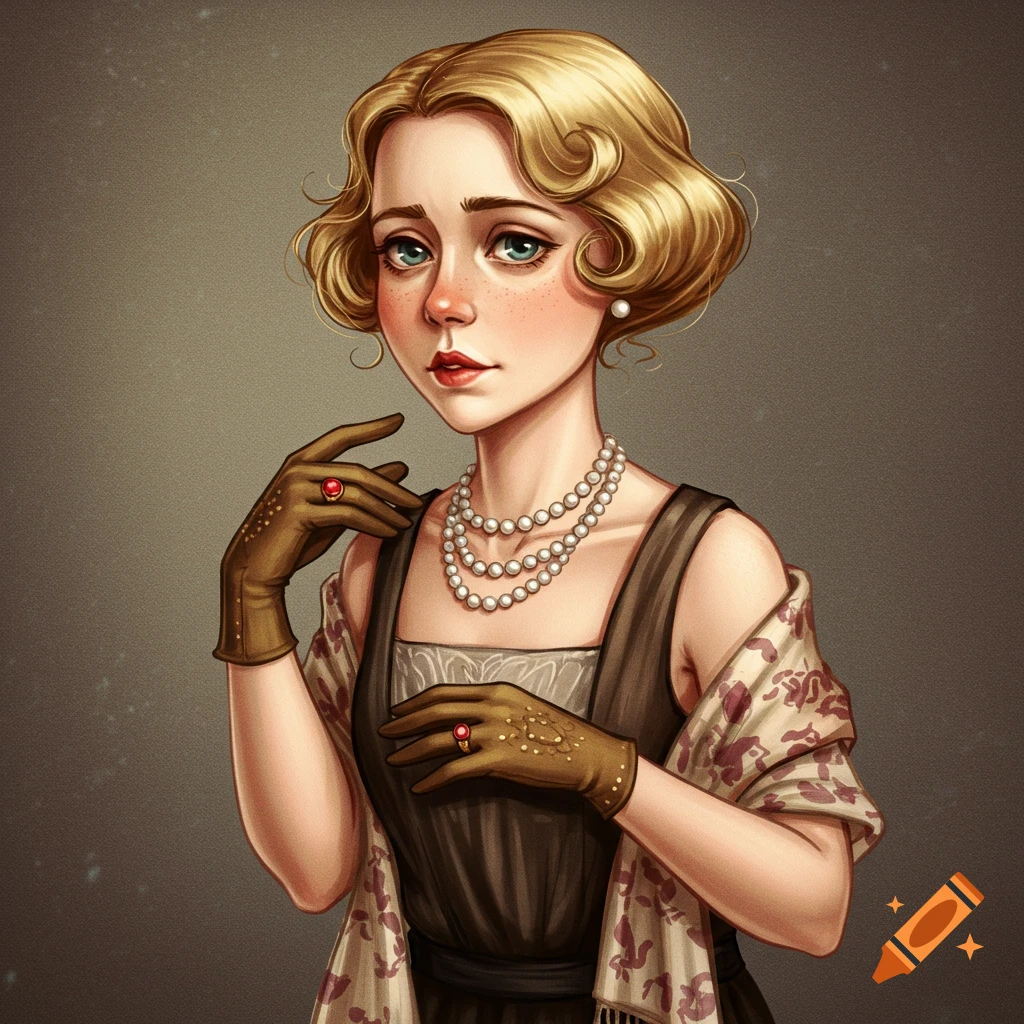 A portrait of a young woman with blond hair and freckles, wearing a vintage dress, gloves, and pearl necklace.