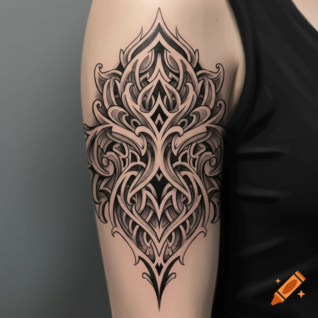 Detailed black ornamental tattoo design on an arm, rendered illustration.