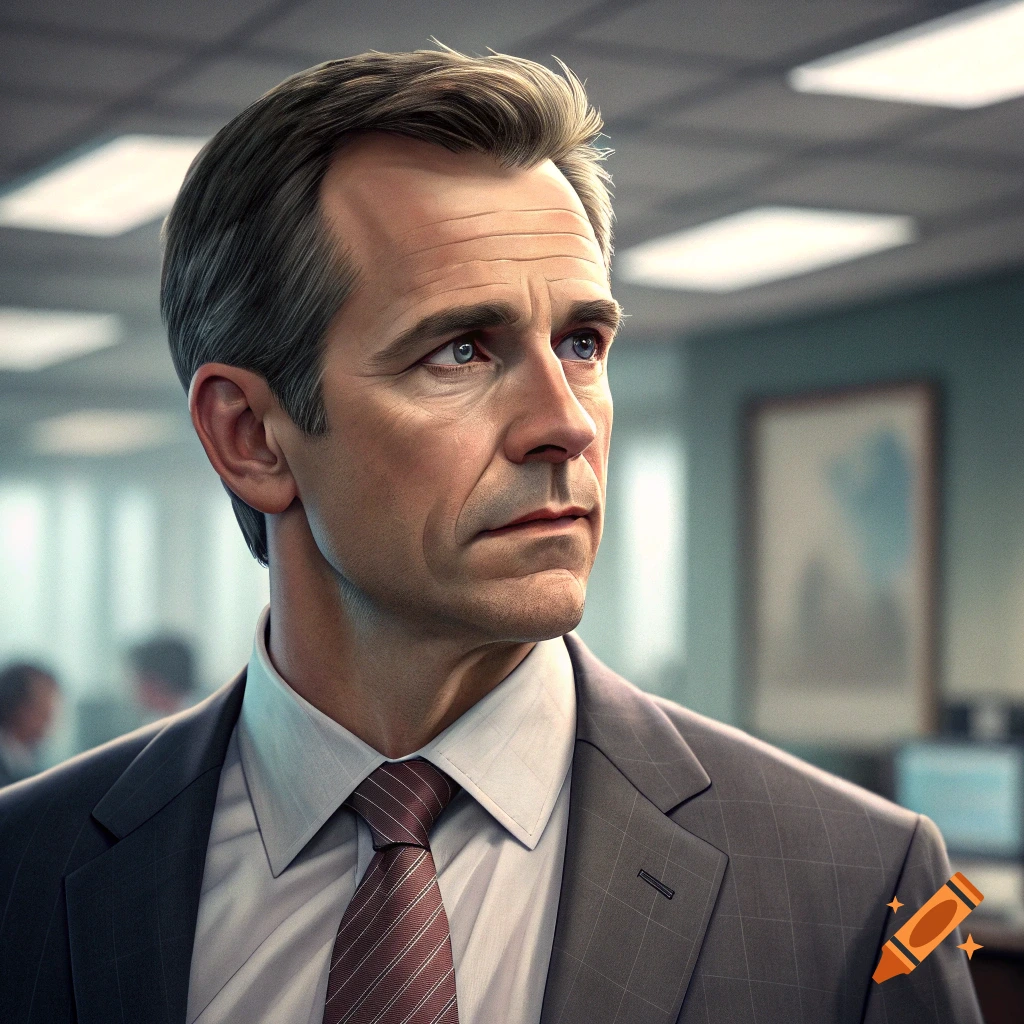 Realistic portrait of a man in a suit and tie looking off-camera in an office.