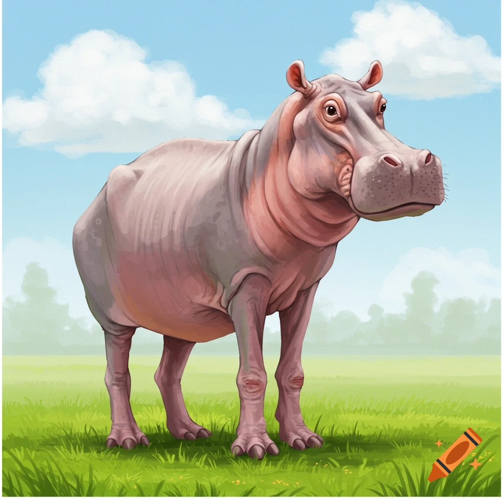 A skinny hippopotamus stands in a grassy field under a blue sky.