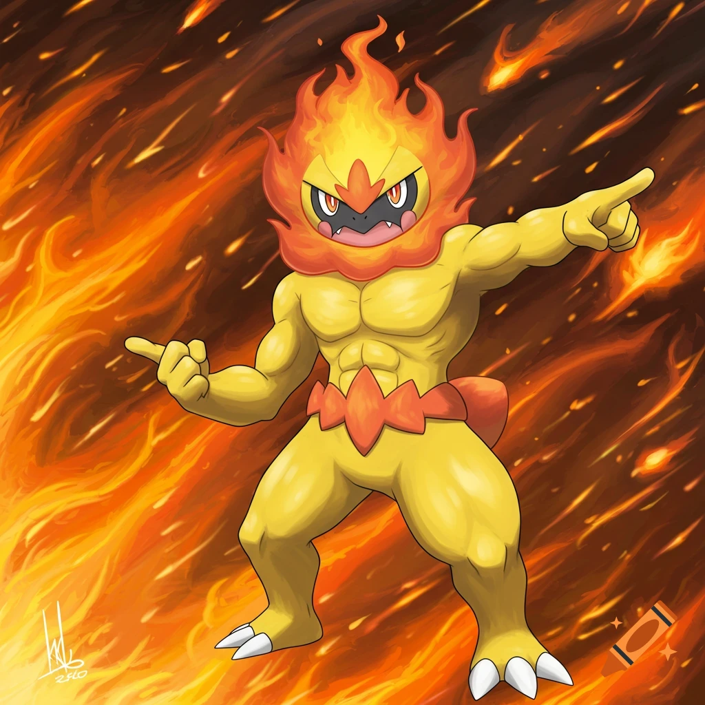 A muscular yellow Pokémon-like creature with a flame head points left, standing in a fiery background.