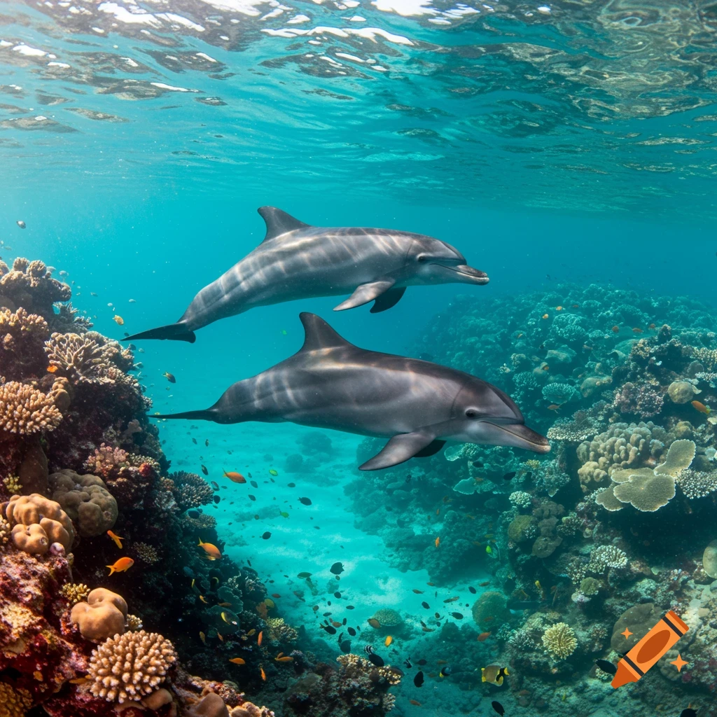 Two bottlenose dolphins swim above a vibrant coral reef in clear blue water, sunlight filtering down.