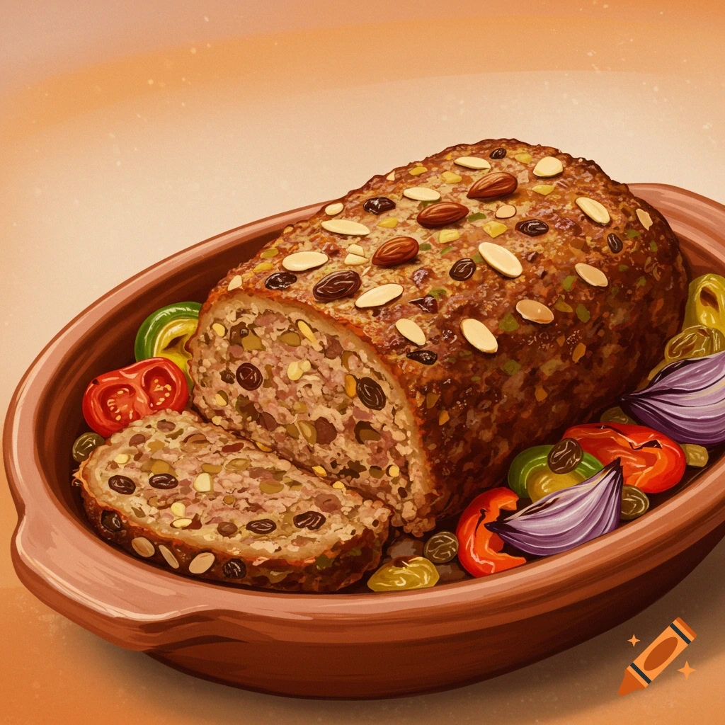 A slice of Moroccan meatloaf served with vegetables in a dish.