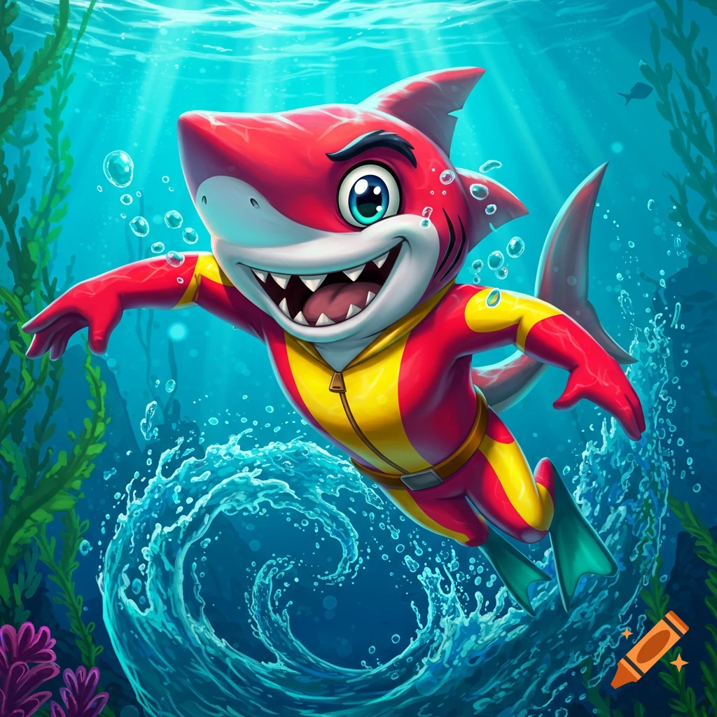 Cartoon superhero shark swimming underwater in a red and yellow suit.