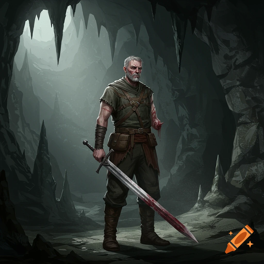 A one-armed warrior holds a bloody sword in a dark cave.