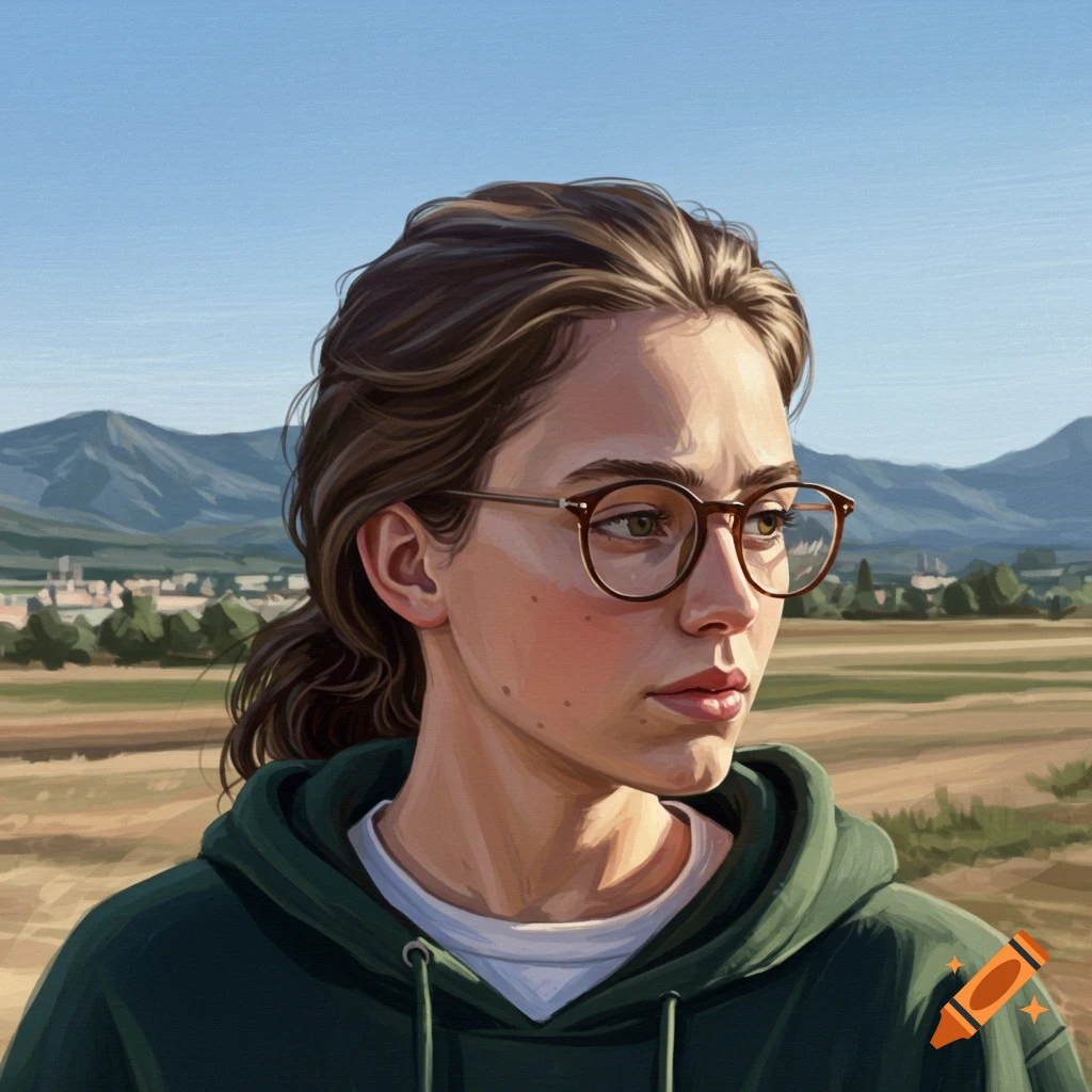 A portrait of a young woman in glasses and a hoodie looking off to the side, with a landscape background.