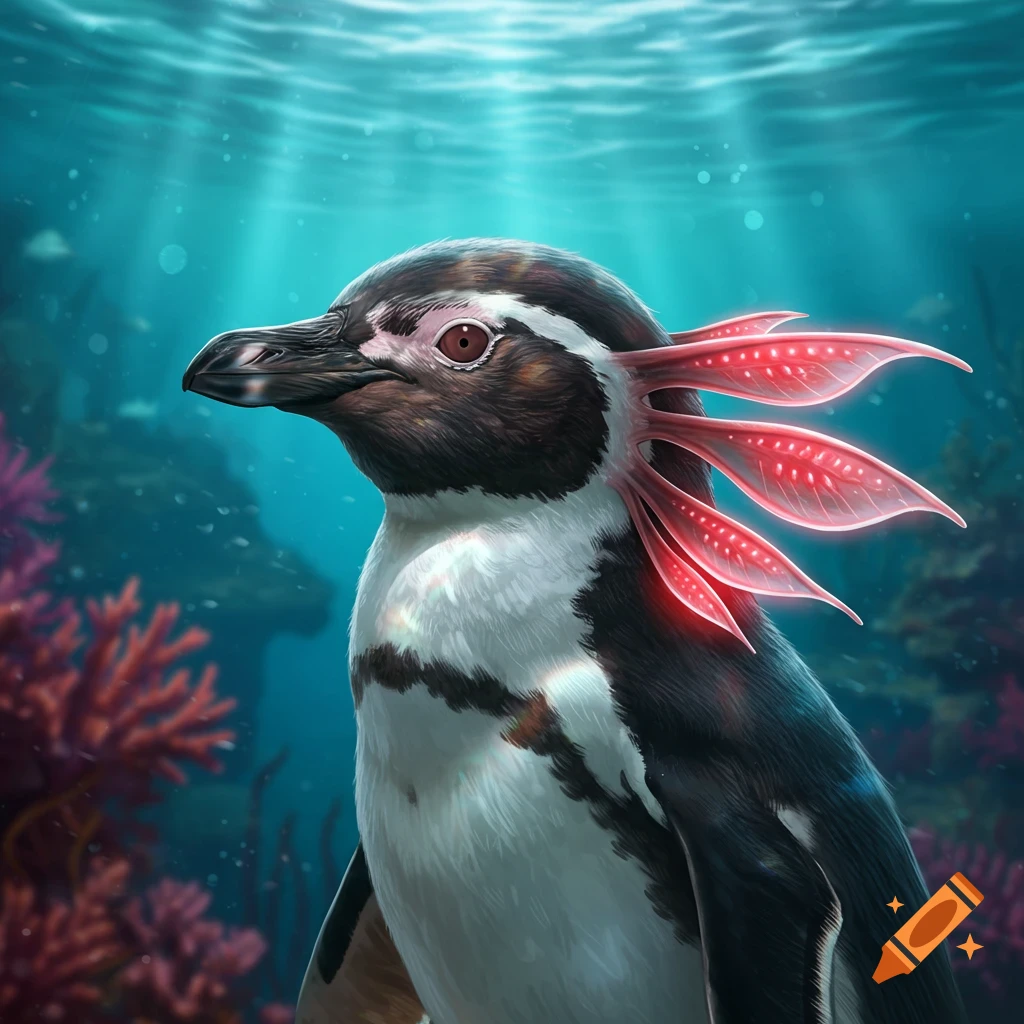 A penguin with glowing red gills underwater.