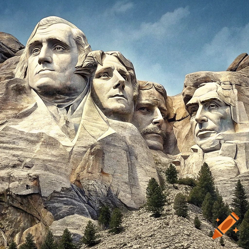 Sculptures of four faces carved into a mountainside, resembling Mount Rushmore.