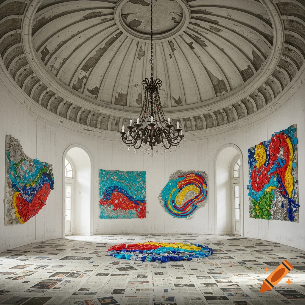 An art installation in a room with a domed ceiling, chandelier, newspaper floor, and colorful abstract artworks made from plastic.
