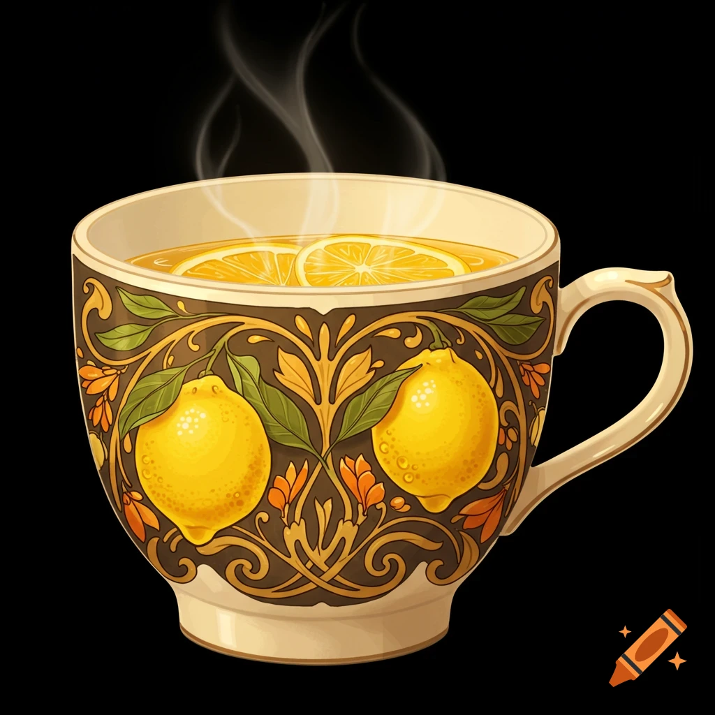 A cup of warm lemonade with lemon slices and an intricate lemon and floral design.