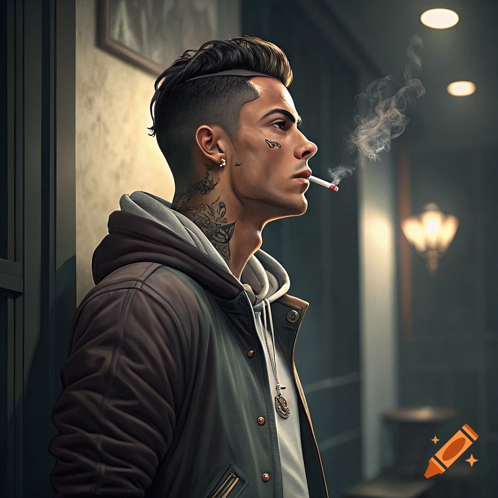 A man with tattoos and slicked-back hair stands in a room, smoking a cigarette.