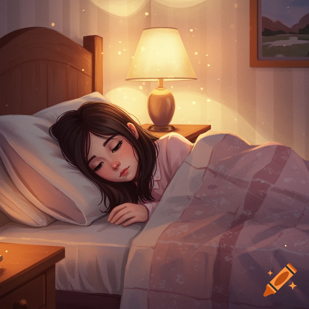 A young girl sleeps peacefully in a warm, cozy bedroom.