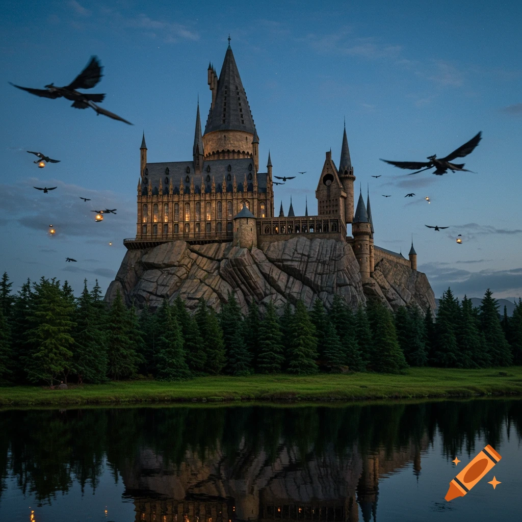 A fantasy castle on a rocky hill at twilight, reflected in a lake, with dragons flying around.