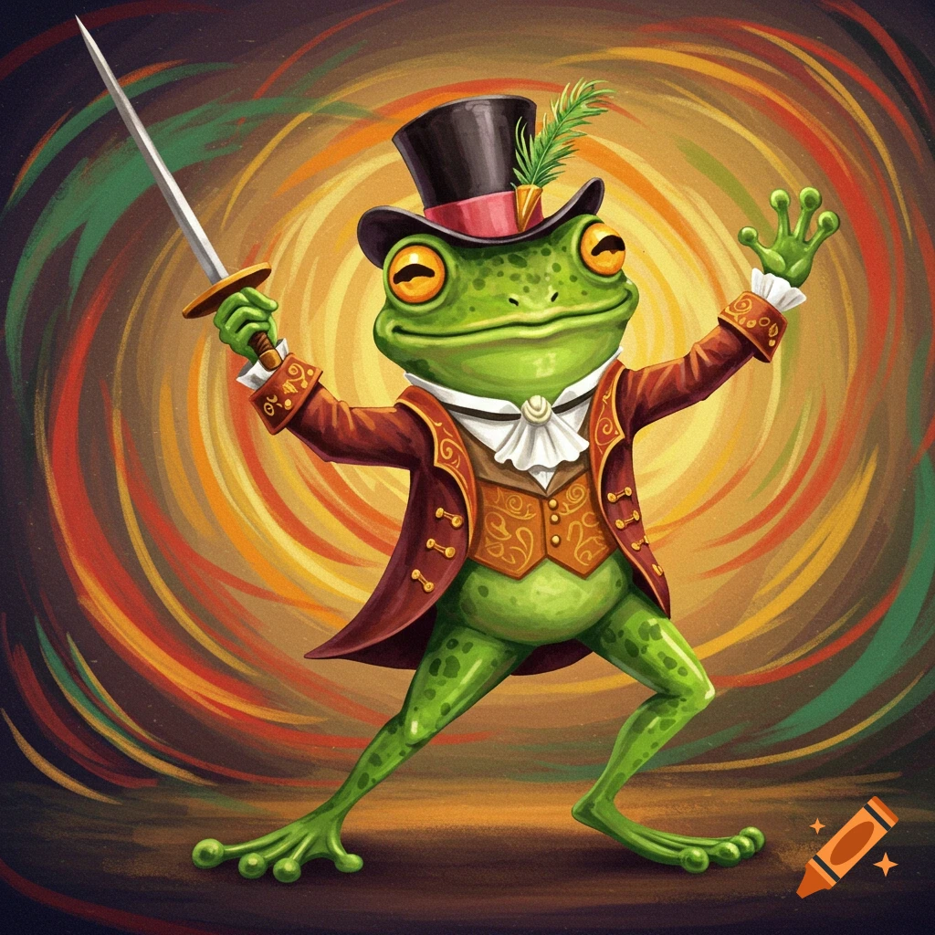 A frog in a suit and top hat holds a sword against a colorful, swirling background.