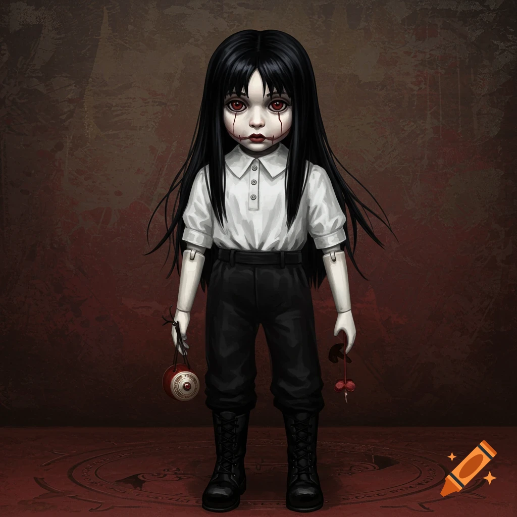 A creepy doll with black hair, red streaks from eyes, white shirt, black pants and boots, holding a toy.