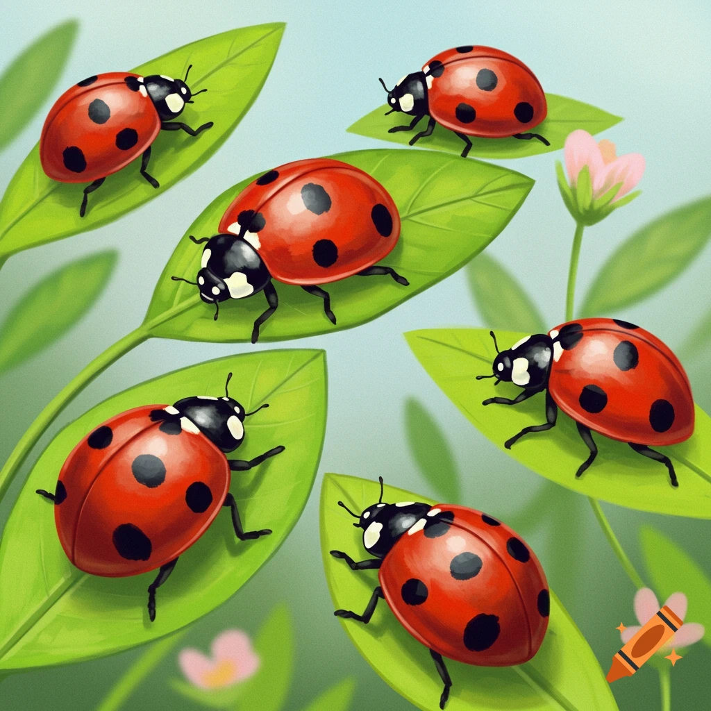 Several red ladybugs with black spots on green leaves