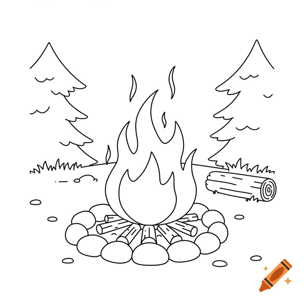 Simple black and white line drawing of a campfire, rocks, logs, and stylized trees, perfect for coloring.