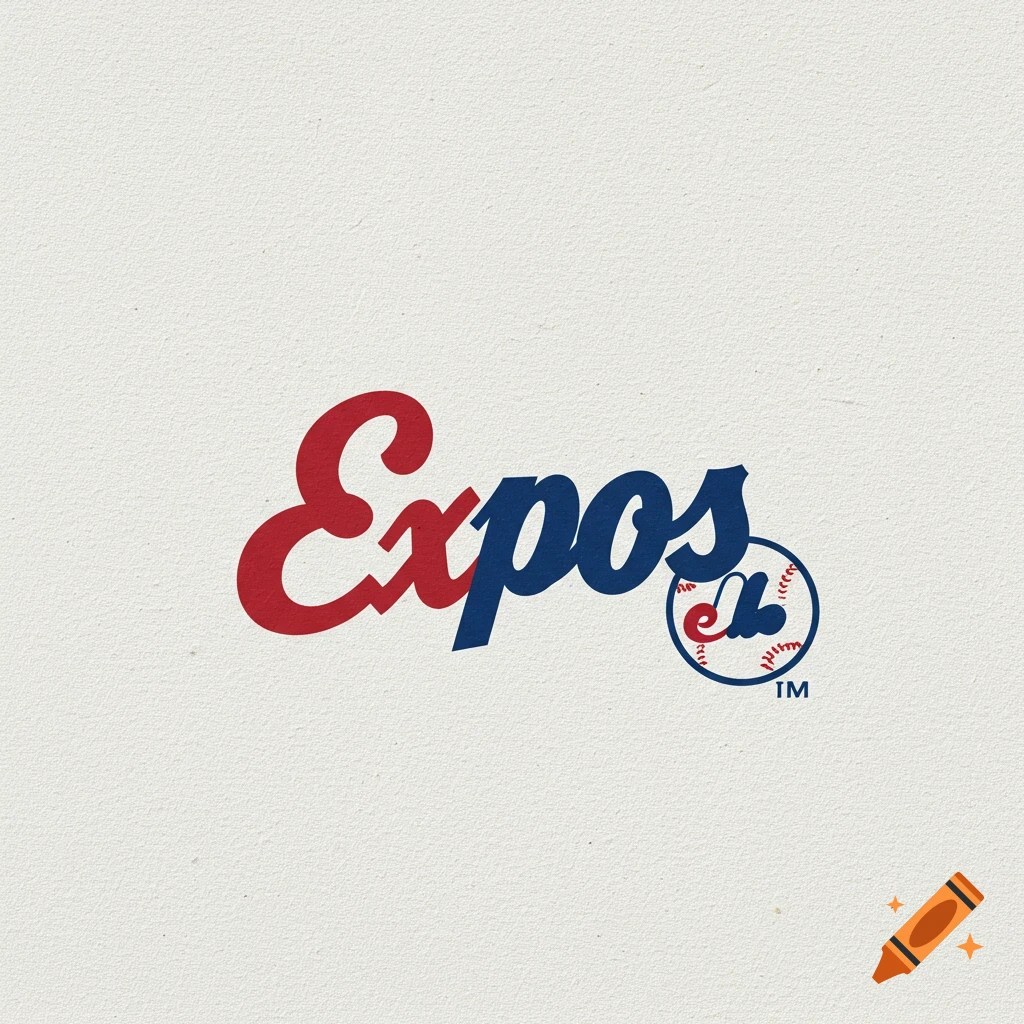 Logo for Expos baseball with red and blue text and baseball icon.