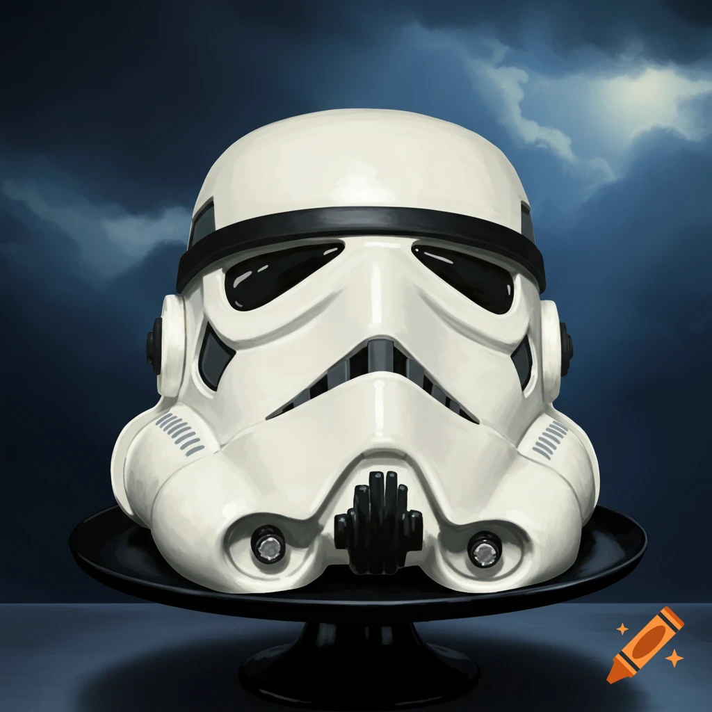 A Stormtrooper helmet cake on a black stand with a stormy sky background.