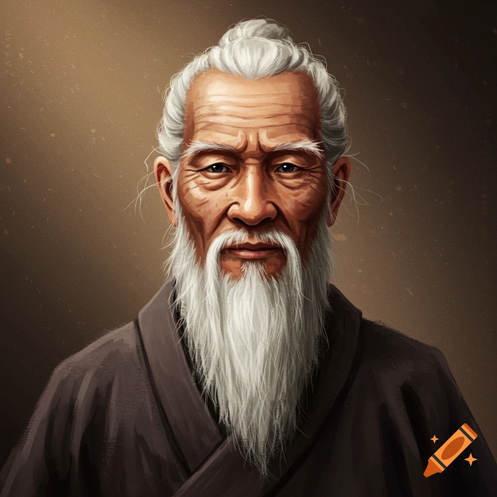 An old man with a long white beard and hair bun